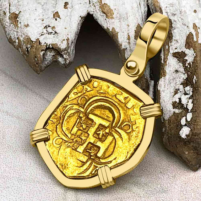 RARE Dated 1623 Pirate Era 22K Gold One Escudo - the Legendary Doubloon - 18K Gold Pendant
