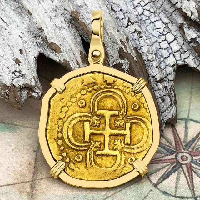 RARE DATED 1593 Pirate Era 22K Gold 2 Escudo - the Legendary Doubloon - 18K Gold Pendant