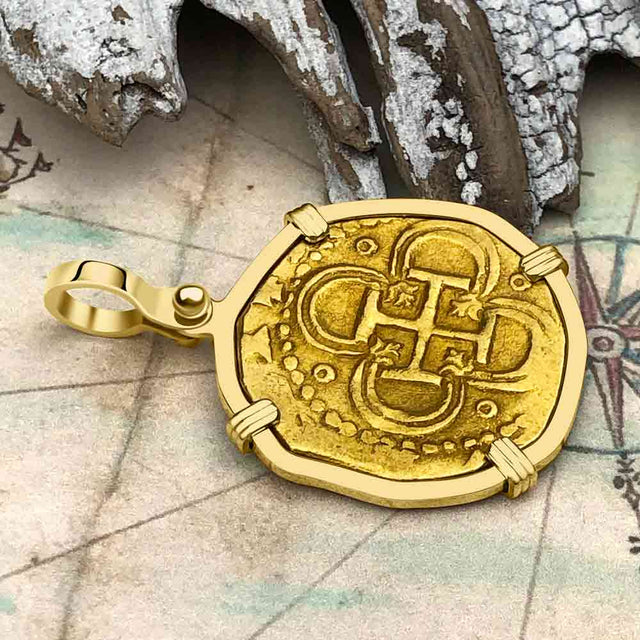 RARE DATED 1593 Pirate Era 22K Gold 2 Escudo - the Legendary Doubloon - 18K Gold Pendant