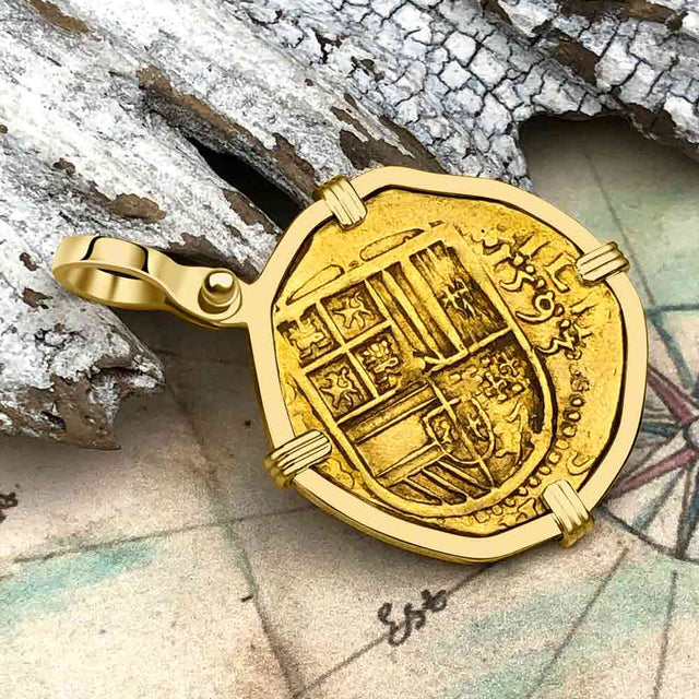 RARE DATED 1593 Pirate Era 22K Gold 2 Escudo - the Legendary Doubloon - 18K Gold Pendant