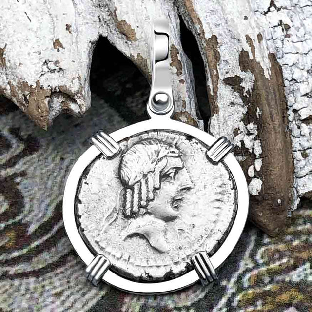 Roman Republic Silver Denarius 90 BC Apollo and the Horseman Coin 14K White Gold Pendant