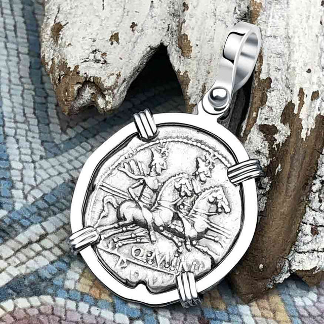 Roman Republic Silver Denarius 122 BC Roma & the Gemini Twins 14K White Gold Pendant