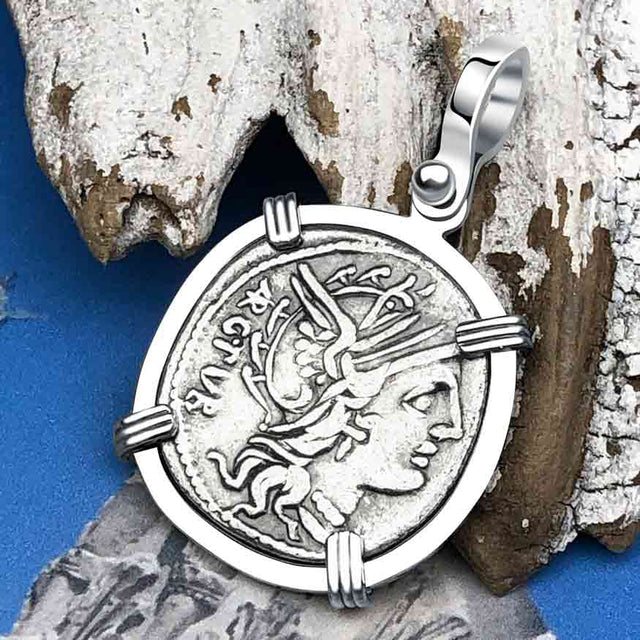 Roman Republic Silver Denarius 101 BC Roma & Jupiter 14K White Gold Pendant
