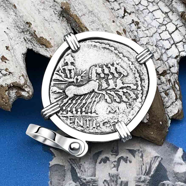 Roman Republic Silver Denarius 101 BC Roma & Jupiter 14K White Gold Pendant