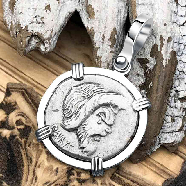 Roman Republic Silver Denarius 48 BC Pan and Jupiter 14K White Gold Pendant