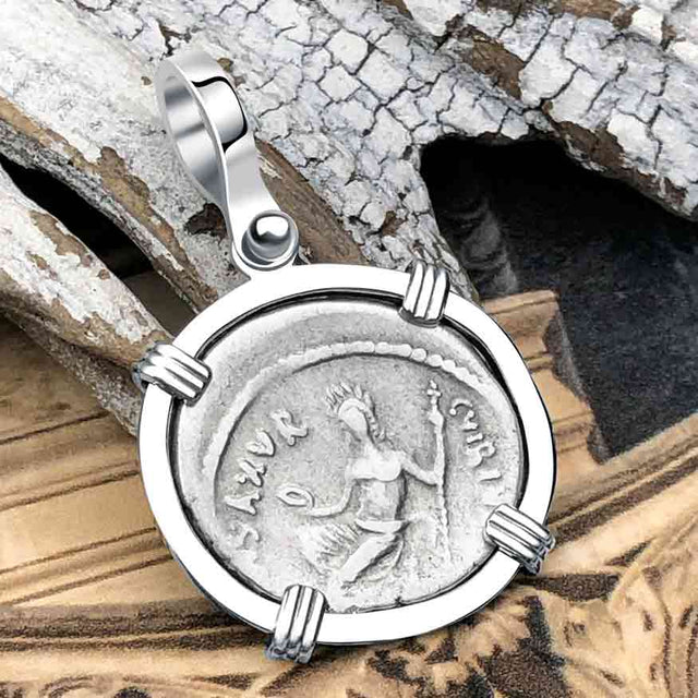 Roman Republic Silver Denarius 48 BC Pan and Jupiter 14K White Gold Pendant