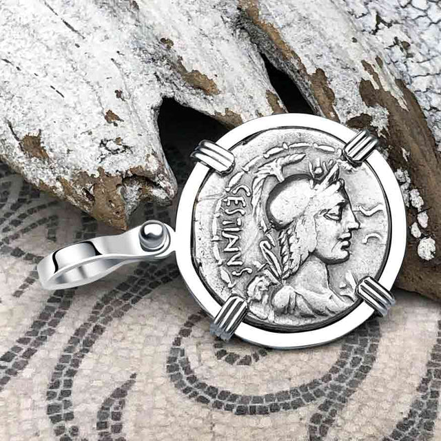 Roman Republic Silver Denarius 67 BC Vacuna & the Eagle 14K White Gold Pendant