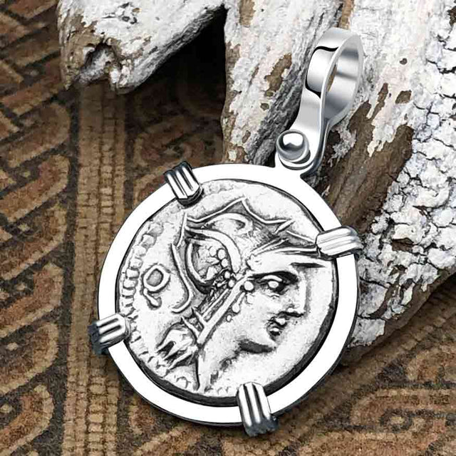 Roman Republic Roma & Victory Silver Denarius 91 BC 14K White Gold Pendant