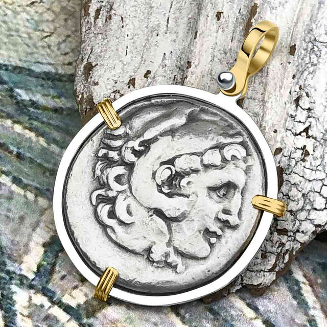 Ancient Greek Alexander the Great LARGE Silver Tetradrachm Coin 14K Gold and Sterling Silver Pendant