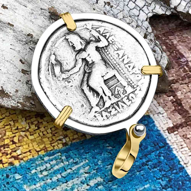 Ancient Greek Alexander the Great LARGE Silver Tetradrachm Coin 14K Gold and Sterling Silver Pendant