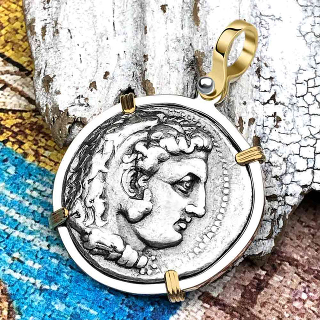 Ancient Greek Alexander the Great LARGE Silver Tetradrachm Coin 14K Gold and Sterling Silver Pendant