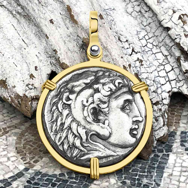 Ancient Greek Alexander the Great LARGE Silver Tetradrachm Coin 14K Gold Pendant