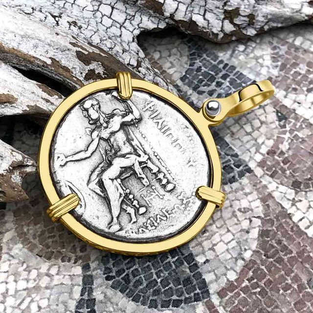 Ancient Greek Alexander the Great LARGE Silver Tetradrachm Coin 14K Gold Pendant
