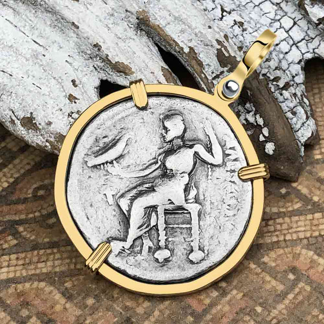 Ancient Greek Alexander the Great LARGE Silver Tetradrachm Coin 14K Gold Pendant