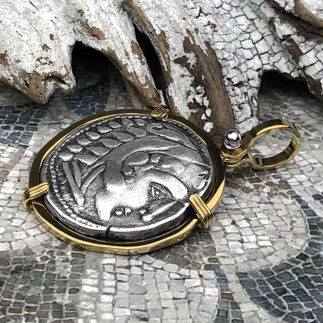 Ancient Greek Alexander the Great LARGE Silver Tetradrachm Coin 14K Gold Pendant