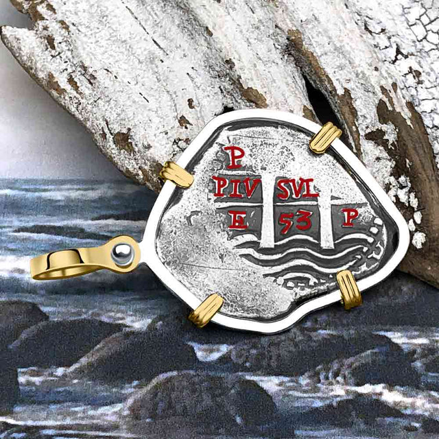 1653 Consolacion Shipwreck Pirate Era Spanish 2 Reale Piece of Eight 14K Gold & Sterling Silver Pendant