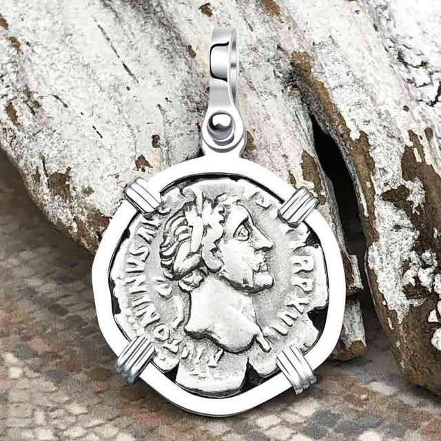 Roman Empire Silver Denarius Coin of Antoninus Pius, the Protector 154 AD Sterling Silver Pendant