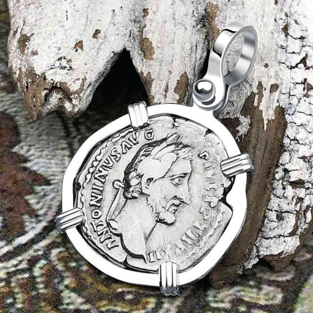 Roman Empire Silver Denarius Coin of Antoninus Pius, the Protector 148 AD Sterling Silver Pendant