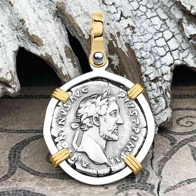 Roman Empire Silver Denarius Coin of Antoninus Pius, the Protector 155 AD 14K Gold and Sterling Silver Pendant