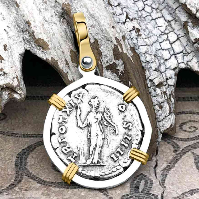 Roman Empire Silver Denarius Coin of Antoninus Pius, the Protector 155 AD 14K Gold and Sterling Silver Pendant