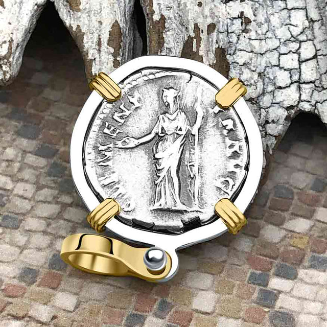 Roman Empire Silver Denarius Coin of Antoninus Pius, the Protector 140 AD 14K Gold and Sterling Silver Pendant