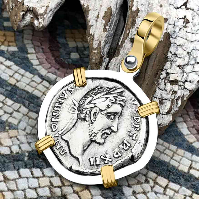 Roman Empire Silver Denarius Coin of Antoninus Pius, the Protector 148 AD 14K Gold and Sterling Silver Pendant