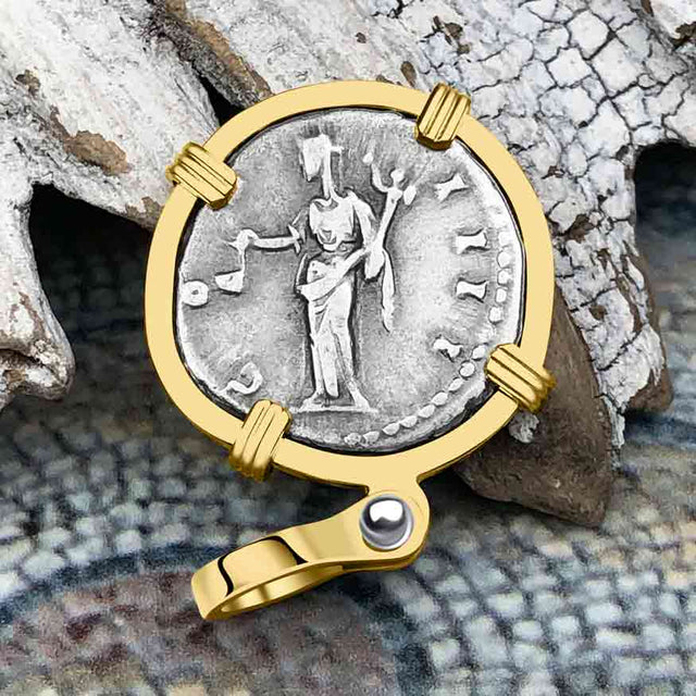 Roman Empire Silver Denarius Coin of Antoninus Pius, the Protector 152 AD 14K Gold Pendant