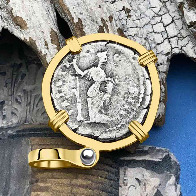 Roman Empire Silver Denarius Coin of Antoninus Pius, the Protector 156 AD 14K Gold Pendant