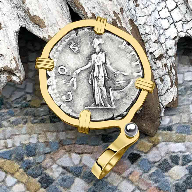 Roman Empire Silver Denarius Coin of Antoninus Pius, the Protector 151 AD 14K Gold Pendant