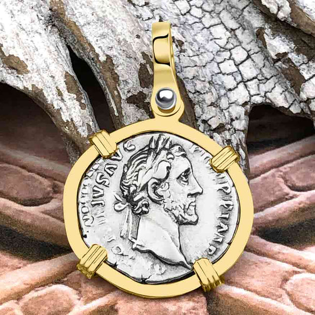 Roman Empire Silver Denarius Coin of Antoninus Pius, the Protector 155 AD 14K Gold Pendant