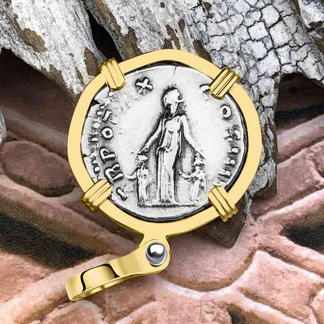 Roman Empire Silver Denarius Coin of Antoninus Pius, the Protector 155 AD 14K Gold Pendant