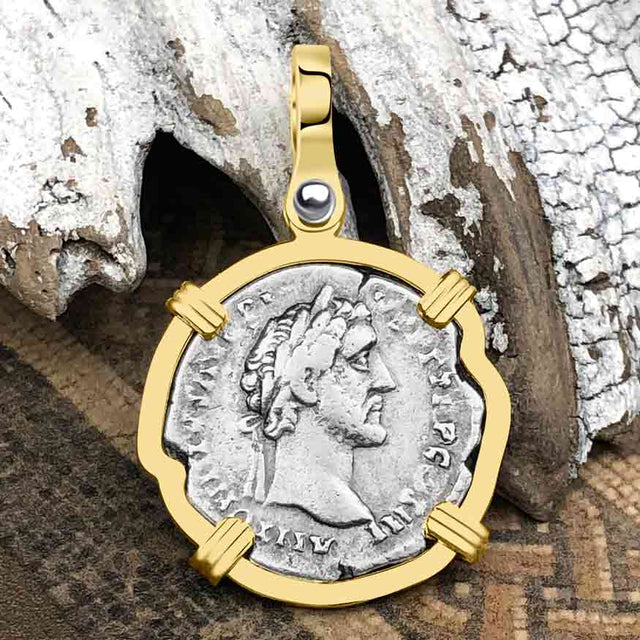 Roman Empire Silver Denarius Coin of Antoninus Pius, the Protector 140 AD 14K Gold Pendant