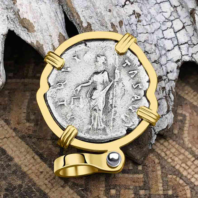 Roman Empire Silver Denarius Coin of Antoninus Pius, the Protector 140 AD 14K Gold Pendant