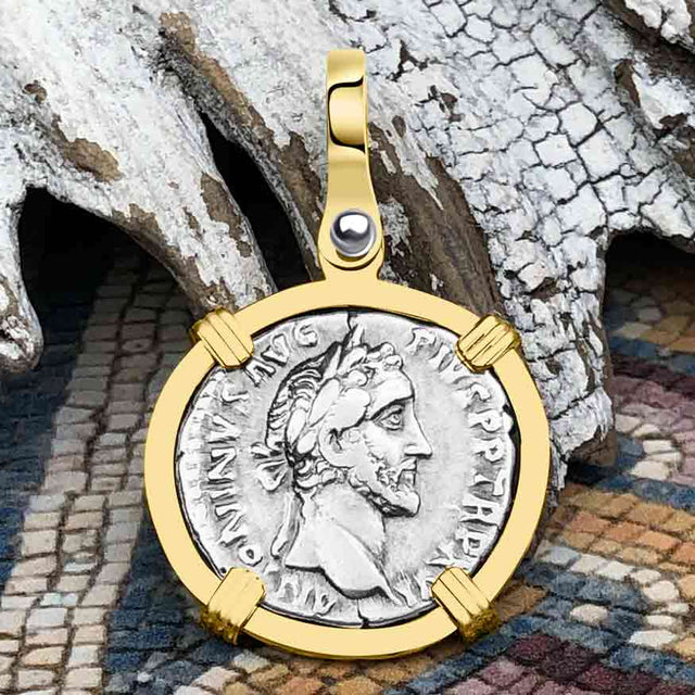Roman Empire Silver Denarius Coin of Antoninus Pius, the Protector 152 AD 14K Gold Pendant