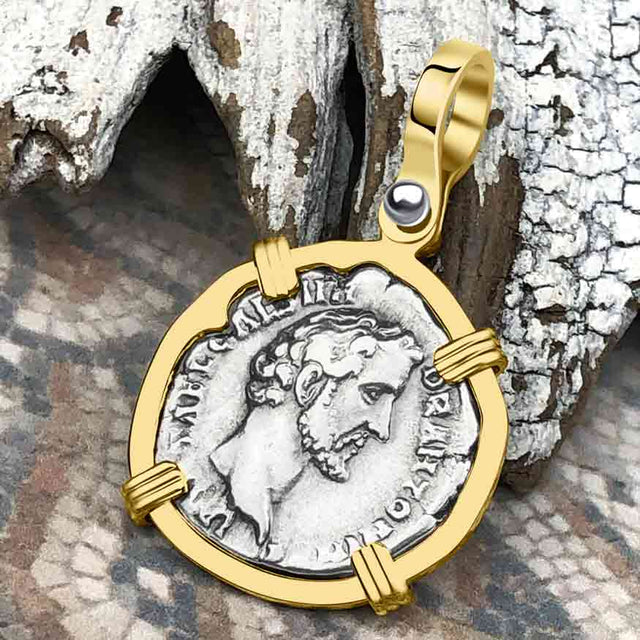 Roman Empire Silver Denarius Coin of Antoninus Pius, the Protector 139 AD 14K Gold Pendant
