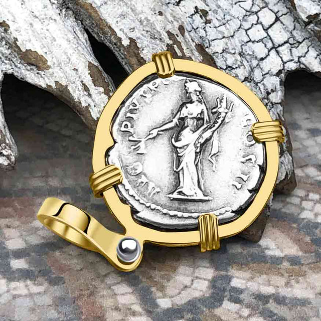 Roman Empire Silver Denarius Coin of Antoninus Pius, the Protector 139 AD 14K Gold Pendant
