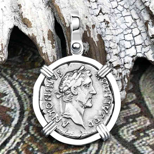 Roman Empire Silver Denarius Coin of Antoninus Pius, the Protector 139 AD 14K White Gold Pendant