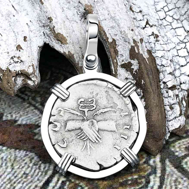 Roman Empire Silver Denarius Coin of Antoninus Pius, the Protector 139 AD 14K White Gold Pendant