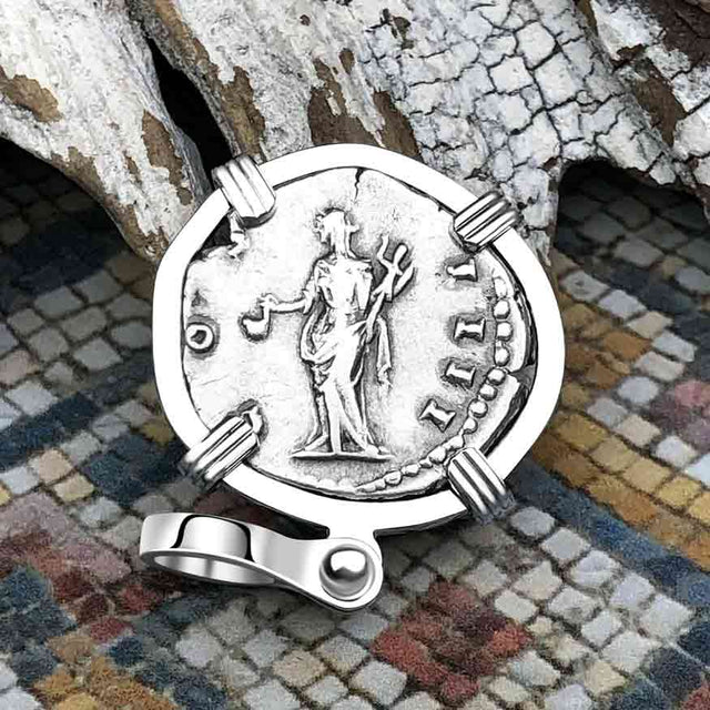 Roman Empire Silver Denarius Coin of Antoninus Pius, the Protector 152 AD 14K White Gold Pendant