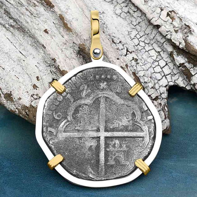Rare Dated 1612 Sao Jose 4 Reale Pirate Era Shipwreck Coin 14K Gold & Sterling Silver Pendant