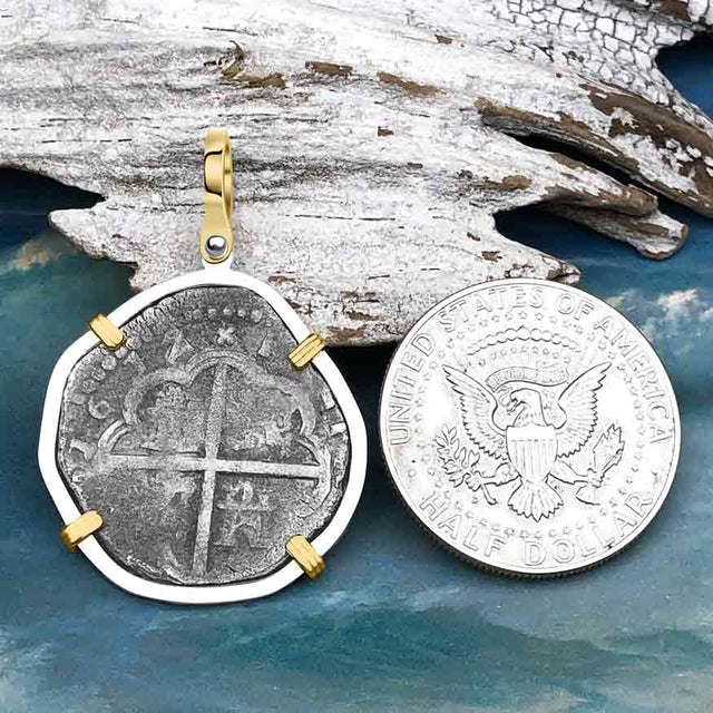 Rare Dated 1612 Sao Jose 4 Reale Pirate Era Shipwreck Coin 14K Gold & Sterling Silver Pendant