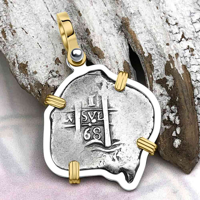 Pirate Era 1668 Spanish 1 Reale Piece of Eight 14K Gold & Sterling Silver Pendant