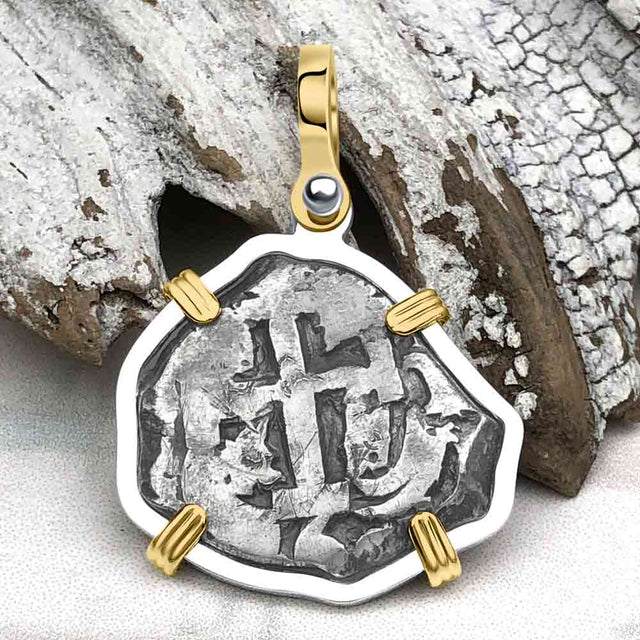 Pirate Era 1760 Spanish 2 Reale Piece of Eight 14K Gold & Sterling Silver Pendant | Artifact #5539