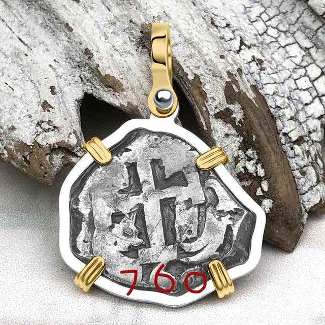 Pirate Era 1760 Spanish 2 Reale Piece of Eight 14K Gold & Sterling Silver Pendant | Artifact #5539