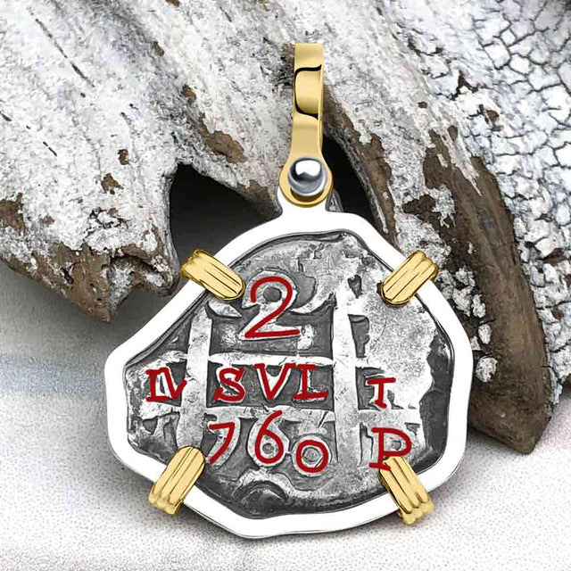 Pirate Era 1760 Spanish 2 Reale Piece of Eight 14K Gold & Sterling Silver Pendant | Artifact #5539