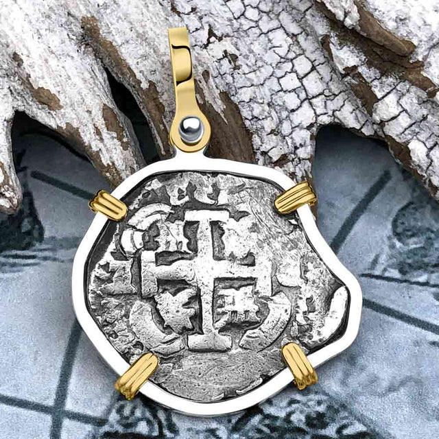 Pirate Era 1737 Spanish 2 Reale Piece of Eight 14K Gold & Sterling Silver Pendant