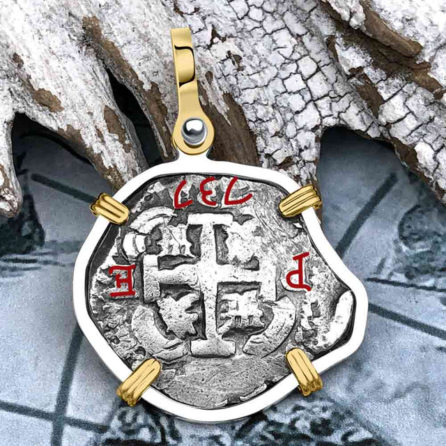 Pirate Era 1737 Spanish 2 Reale Piece of Eight 14K Gold & Sterling Silver Pendant