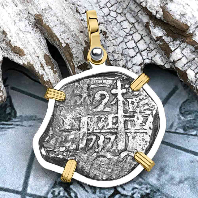 Pirate Era 1737 Spanish 2 Reale Piece of Eight 14K Gold & Sterling Silver Pendant