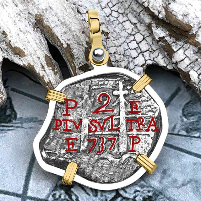 Pirate Era 1737 Spanish 2 Reale Piece of Eight 14K Gold & Sterling Silver Pendant