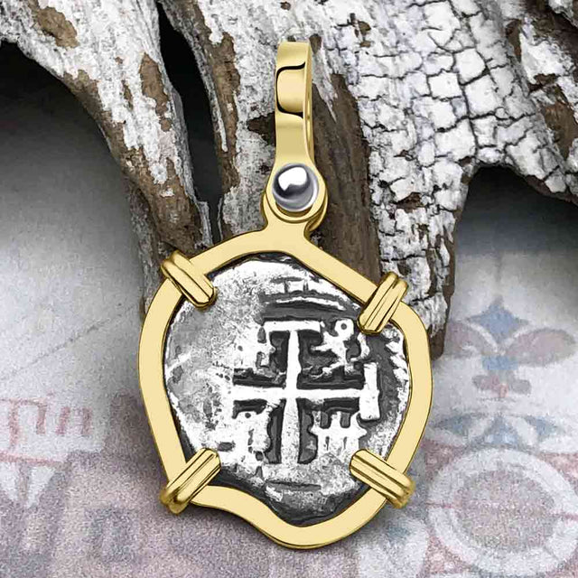 Dated 1677 Rimac River Good Luck Spanish 1/2 Reale Piece of Eight 14K Gold Pendant